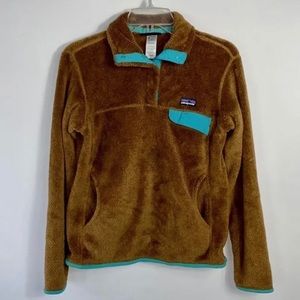 Patagonia Women’s 1/4 SnapT Pullover Fuzzy Fleece Jacket in Brown w/ Teal Size S